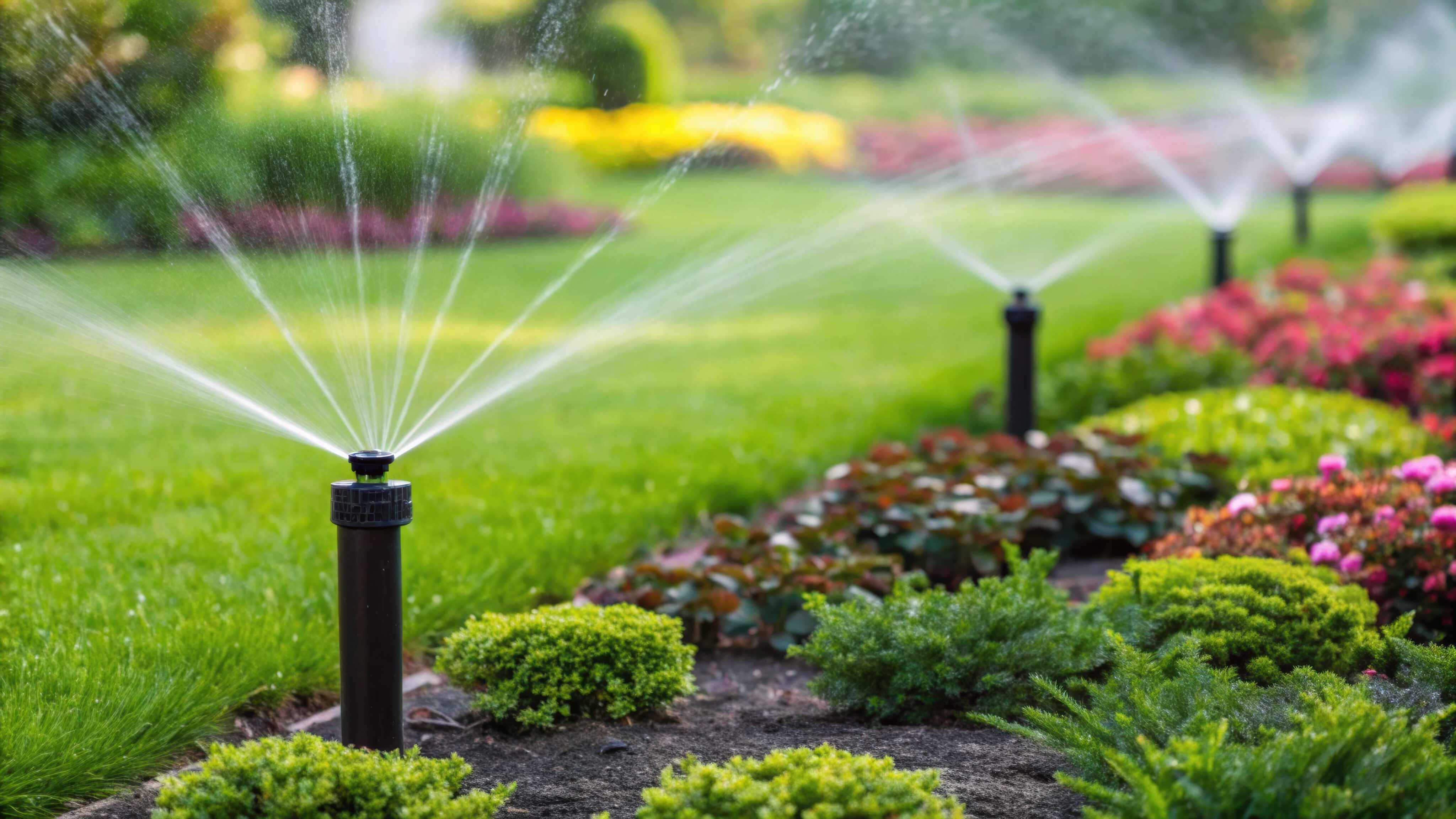 Automatic sprinklers watering a well-maintained garden with green grass, flowering plants, and neatly trimmed shrubs on a sunny day. - Four Seasons Landscaping