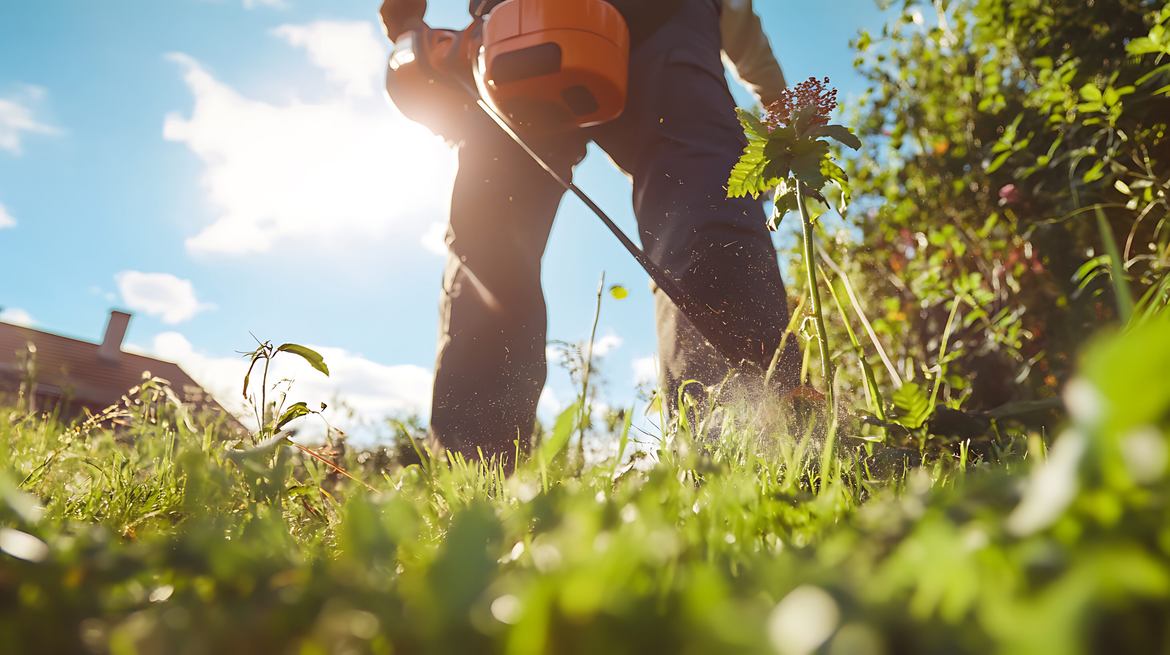 Person using a string trimmer to cut grass and weeds in a garden on a sunny day, viewed from a low angle near the ground. - Four Seasons Landscaping