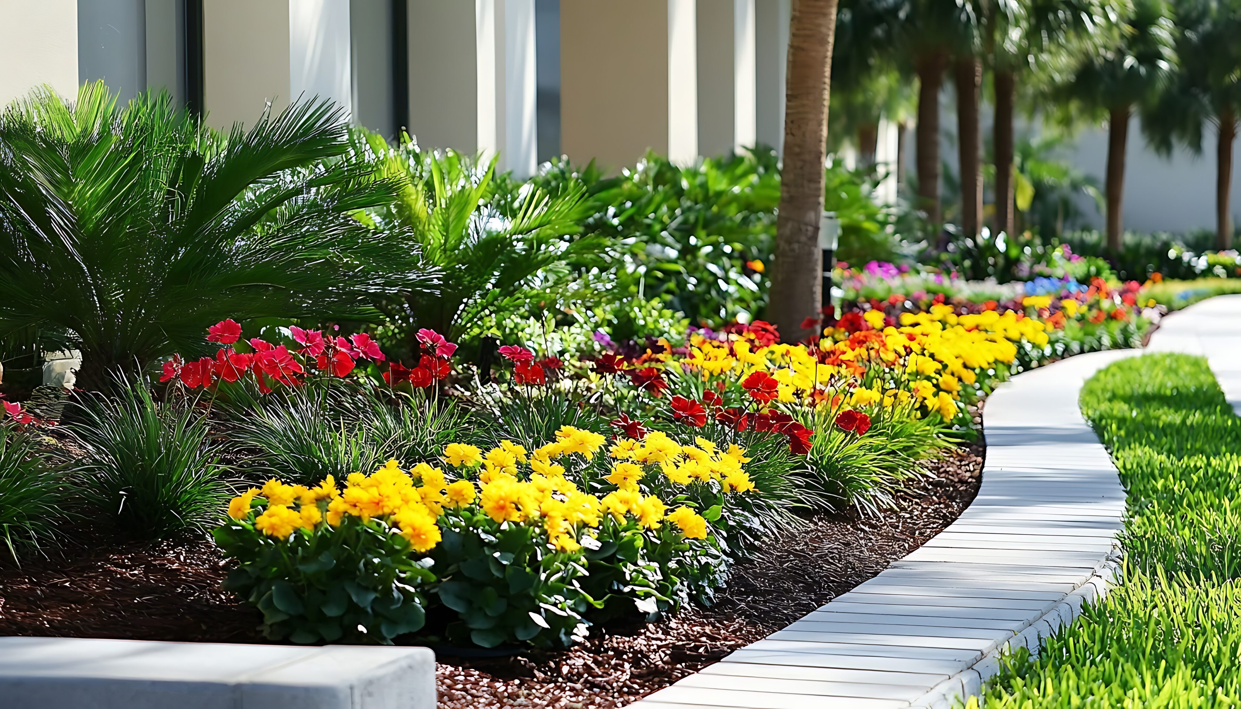 A landscaped garden bed with rows of yellow and red flowers, green foliage, and a curved white pathway beside a modern building. - Four Seasons Landscaping