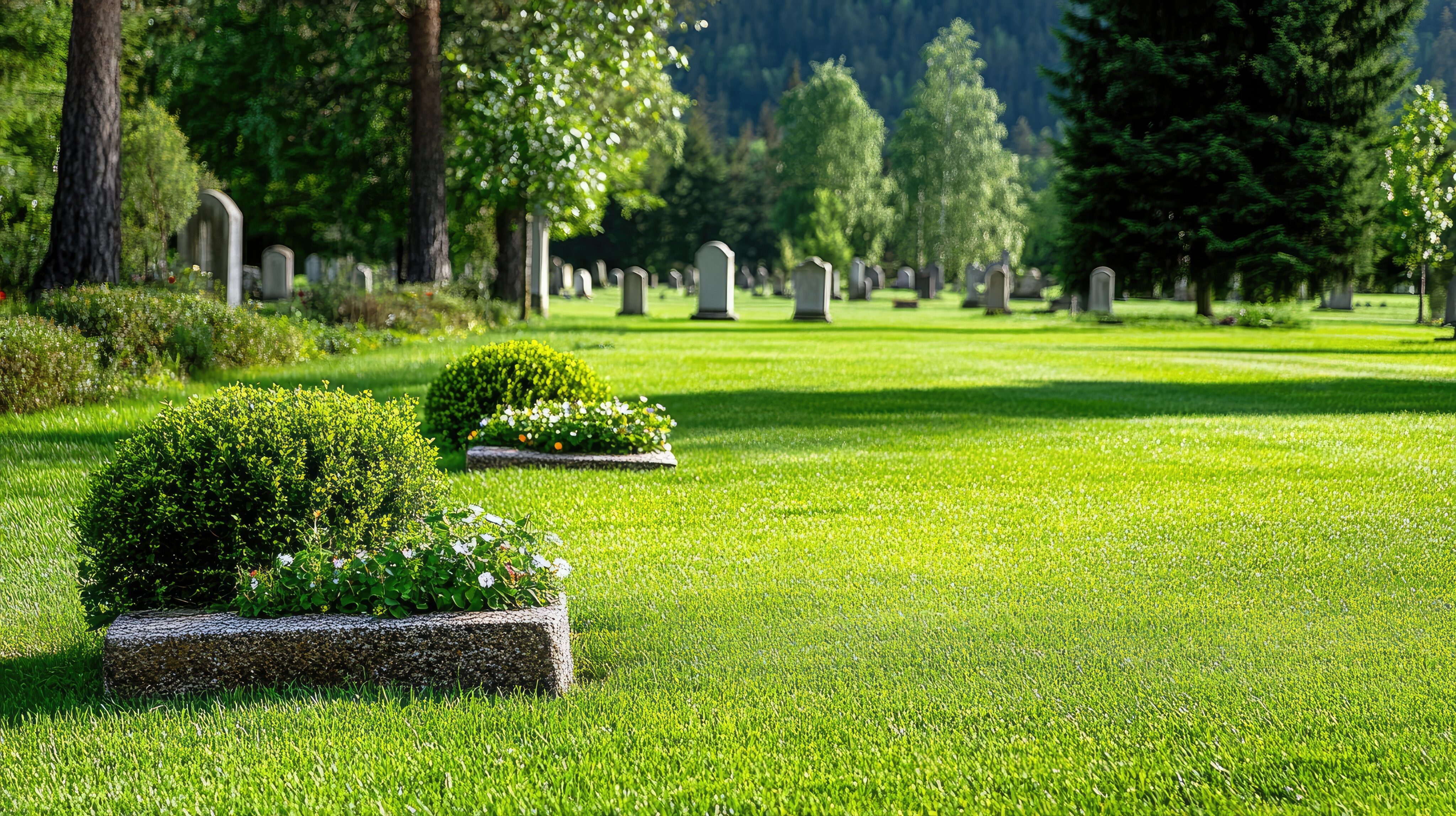 A well-kept cemetery with green grass, headstones, and flower arrangements on some graves, surrounded by trees and forest in the background. - Four Seasons Landscaping