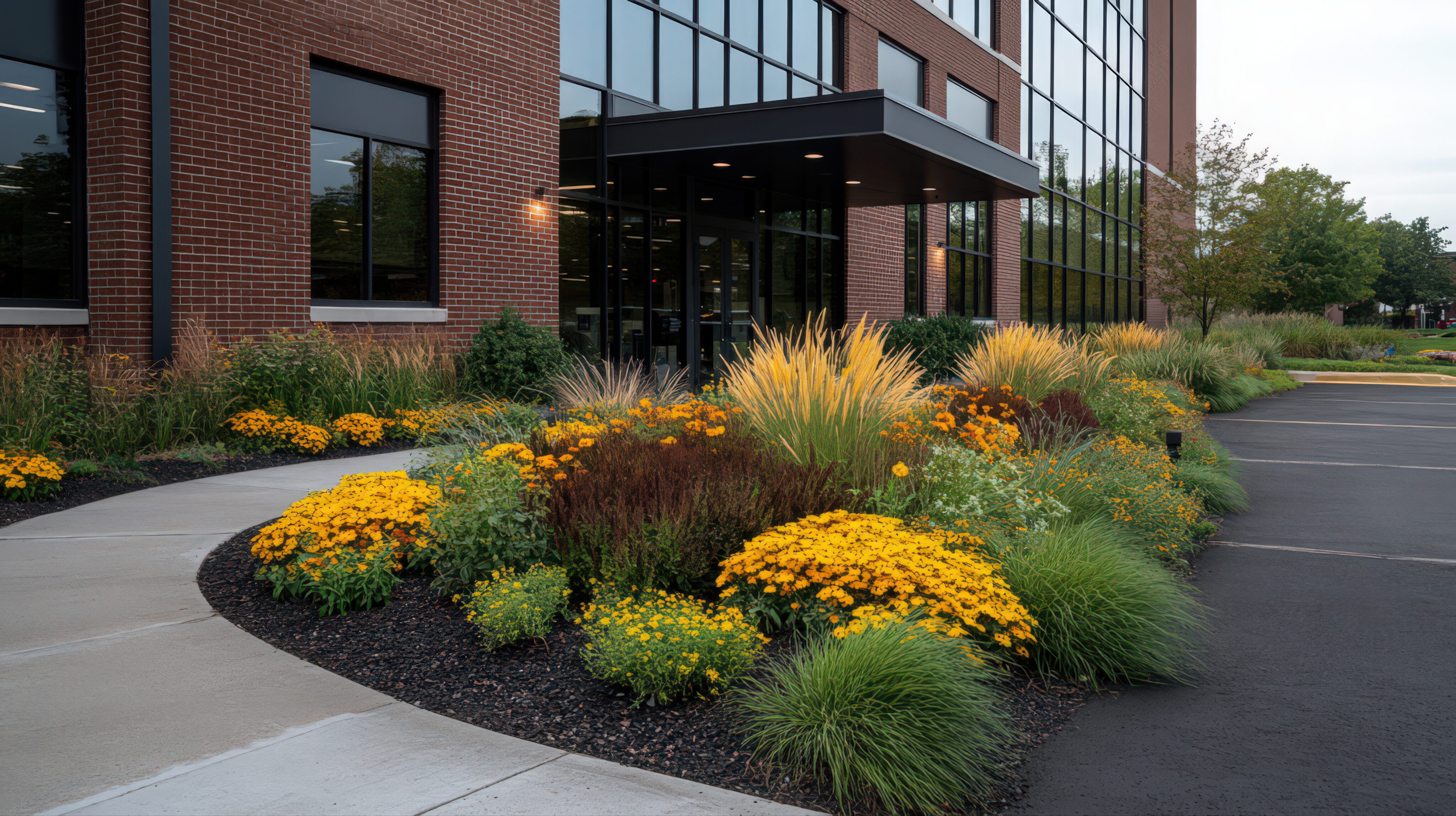 The image shows the entrance of a brick office building with large windows, surrounded by landscaped flower beds featuring yellow flowers and ornamental grasses along a curved walkway. - Four Seasons Landscaping