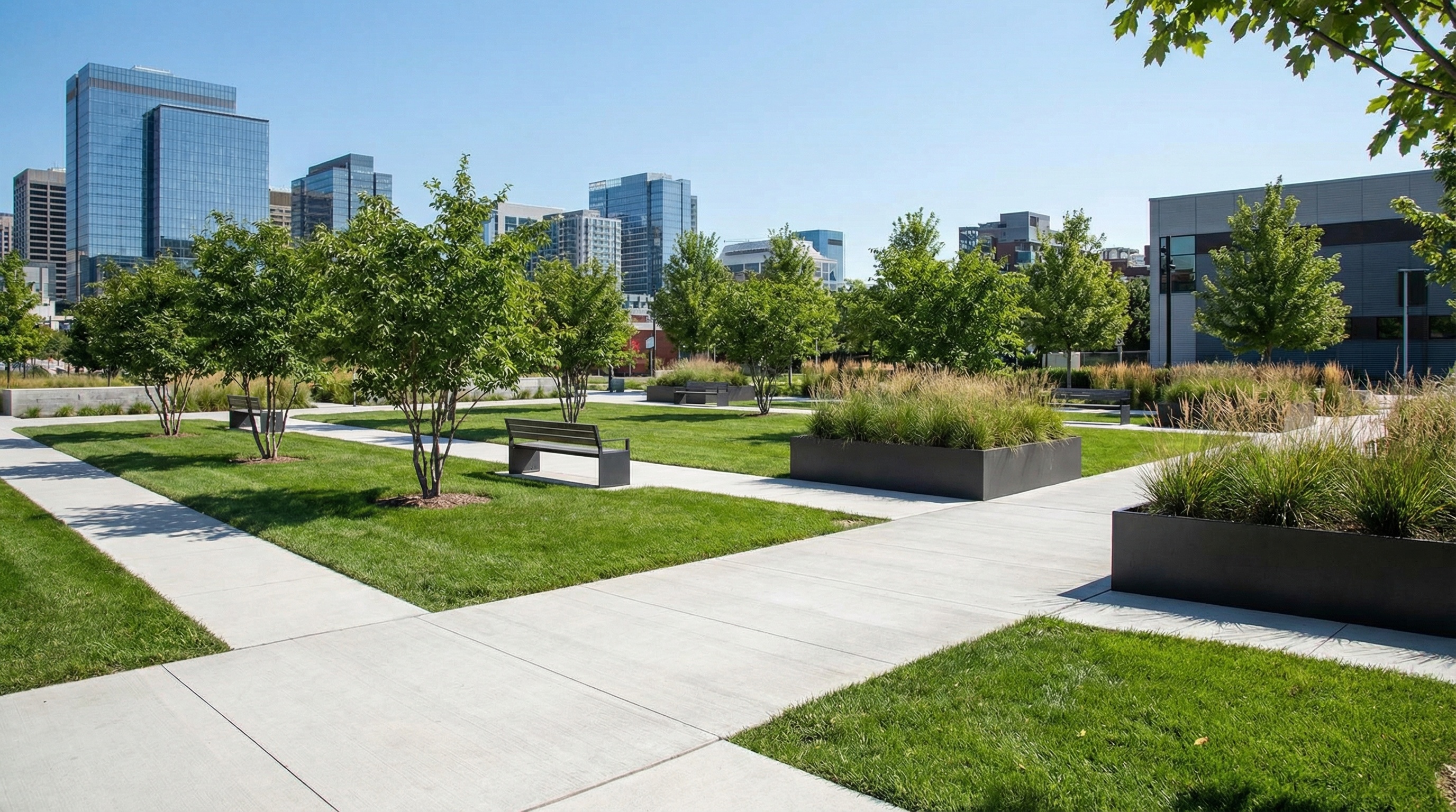 A modern urban park with green lawns, trees, benches, and concrete walkways, surrounded by tall office buildings under a clear blue sky. - Four Seasons Landscaping