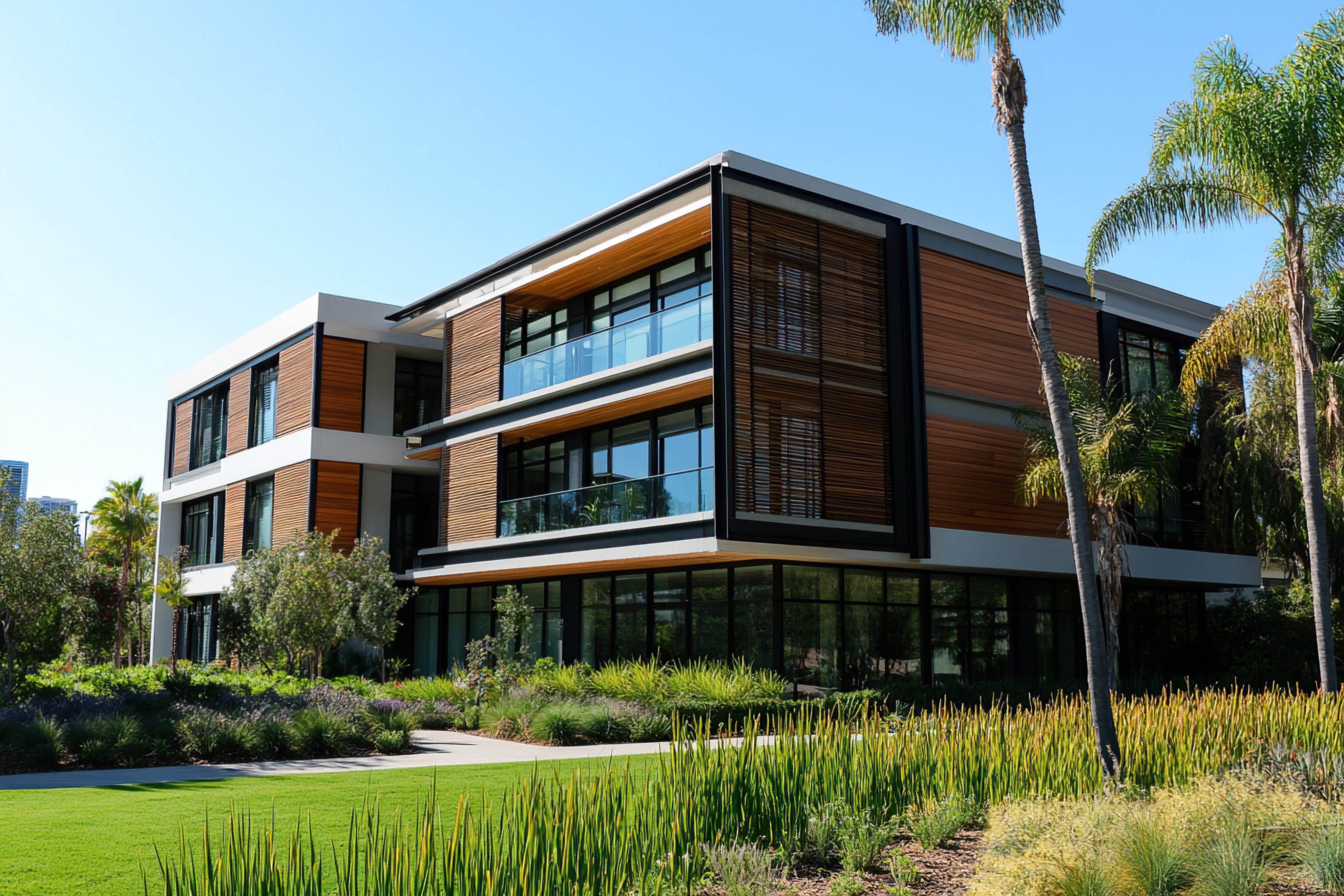 Modern three-story building with large windows and wood paneling, surrounded by palm trees, green grass, and landscaped gardens under a clear blue sky. - Four Seasons Landscaping