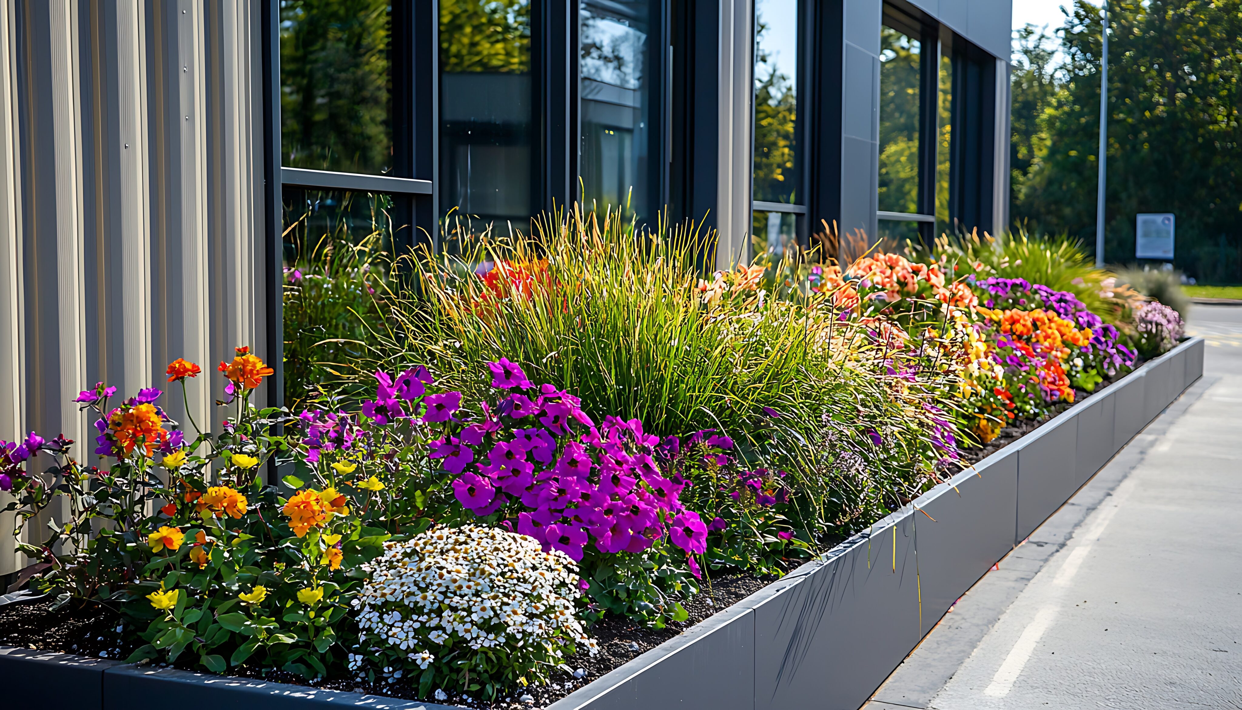 A raised flower bed beside a modern building features blooming purple, orange, and white flowers with ornamental grasses. - Four Seasons Landscaping