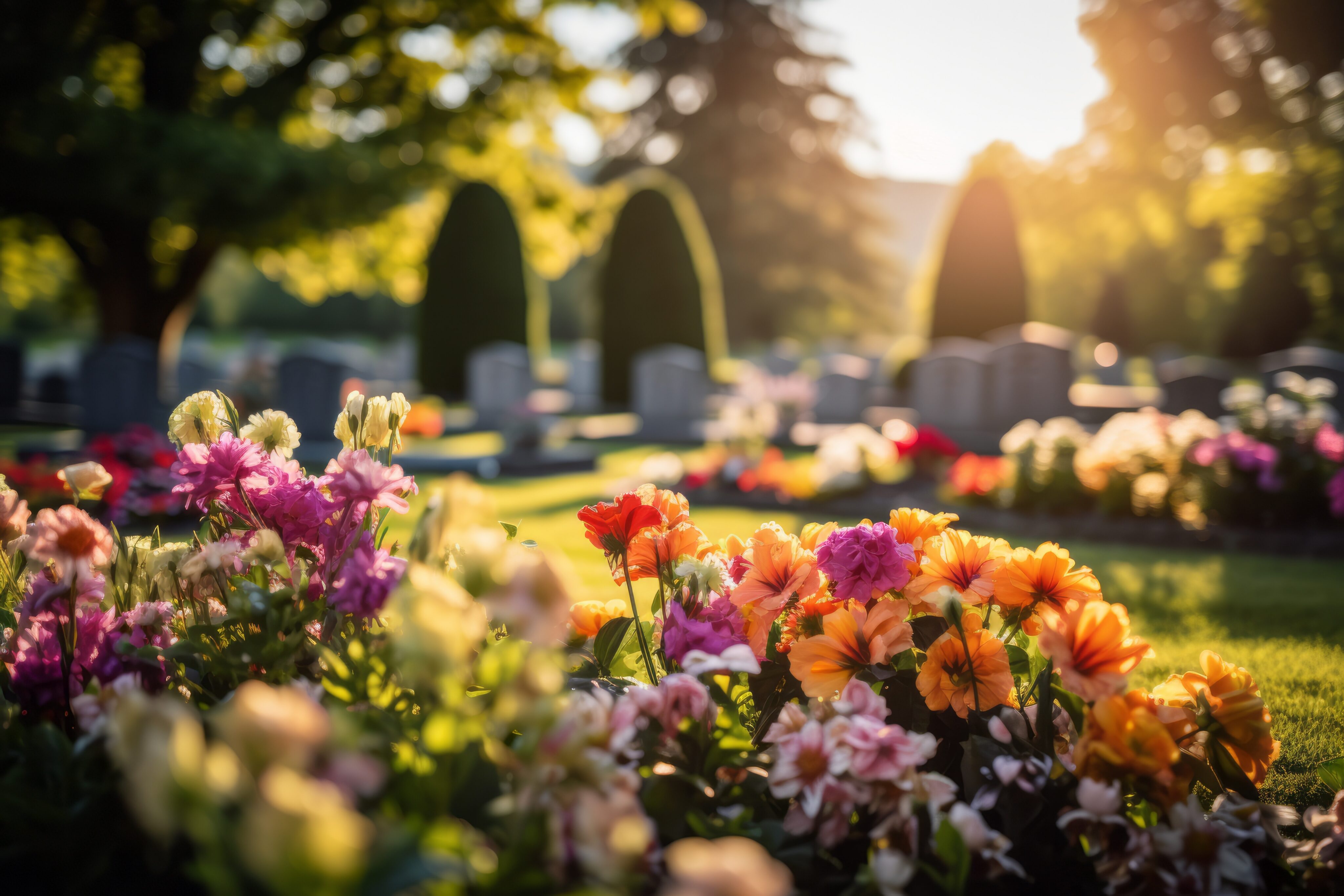 Colorful flowers in bloom decorate graves in a cemetery, with headstones and trees visible in the background under soft, warm sunlight. - Four Seasons Landscaping