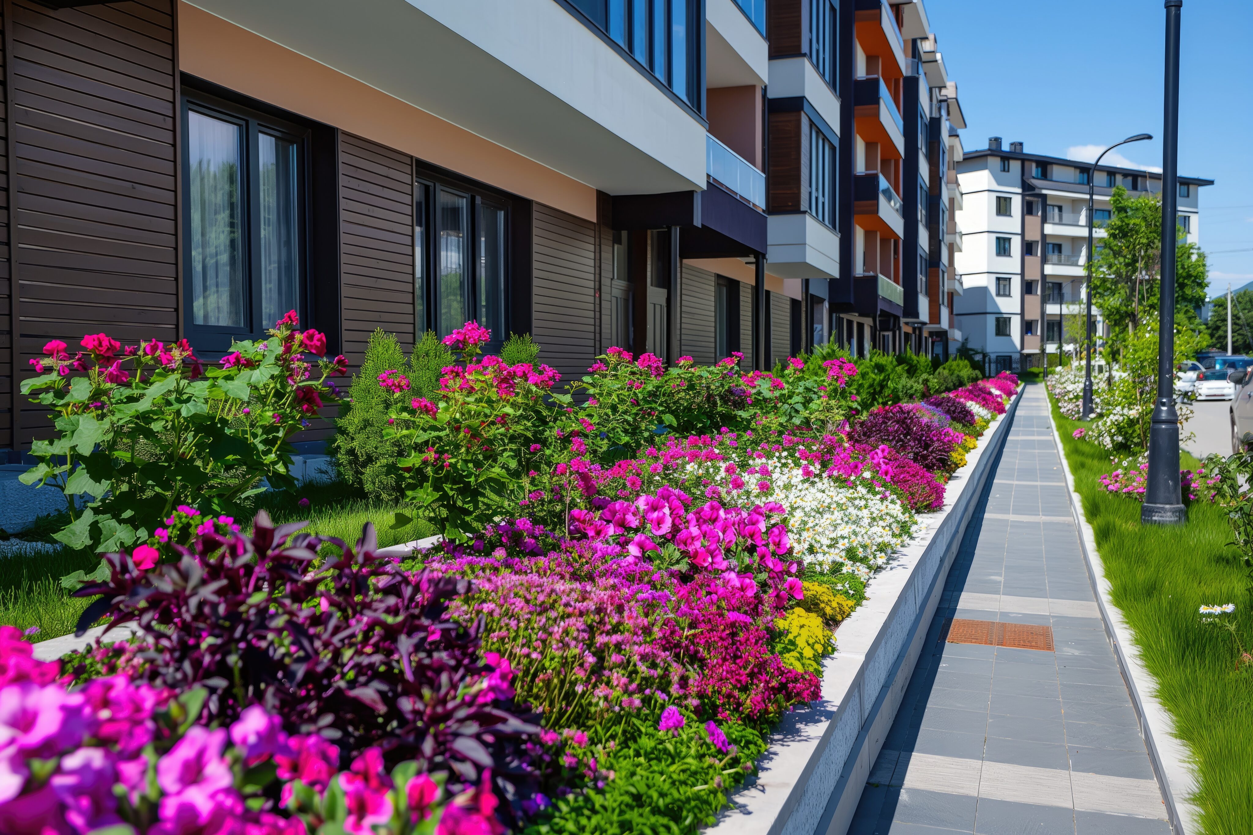 A row of modern apartment buildings with a landscaped walkway bordered by colorful flowers and green shrubs on a sunny day. - Four Seasons Landscaping