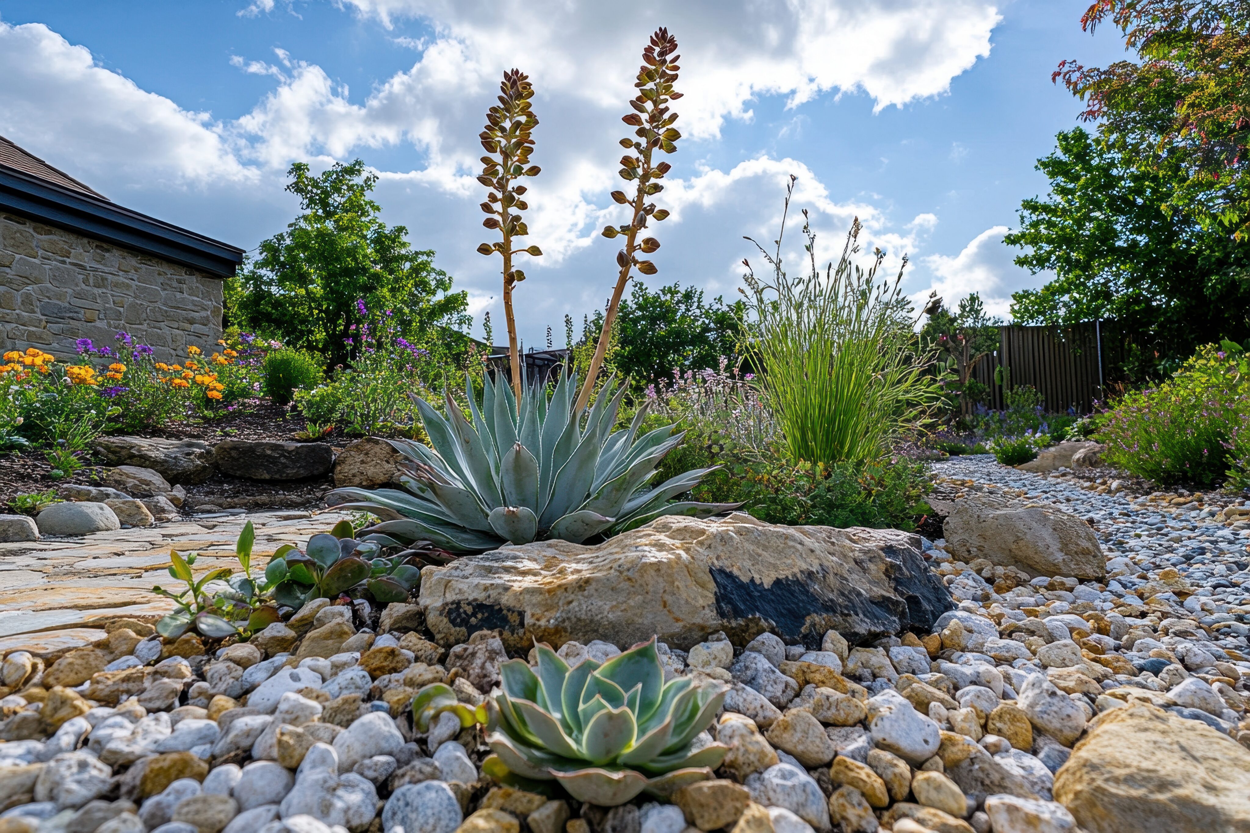 A xeriscape garden with various succulents, rocks, and gravel under a partly cloudy sky, surrounded by green shrubs and flowering plants. - Four Seasons Landscaping
