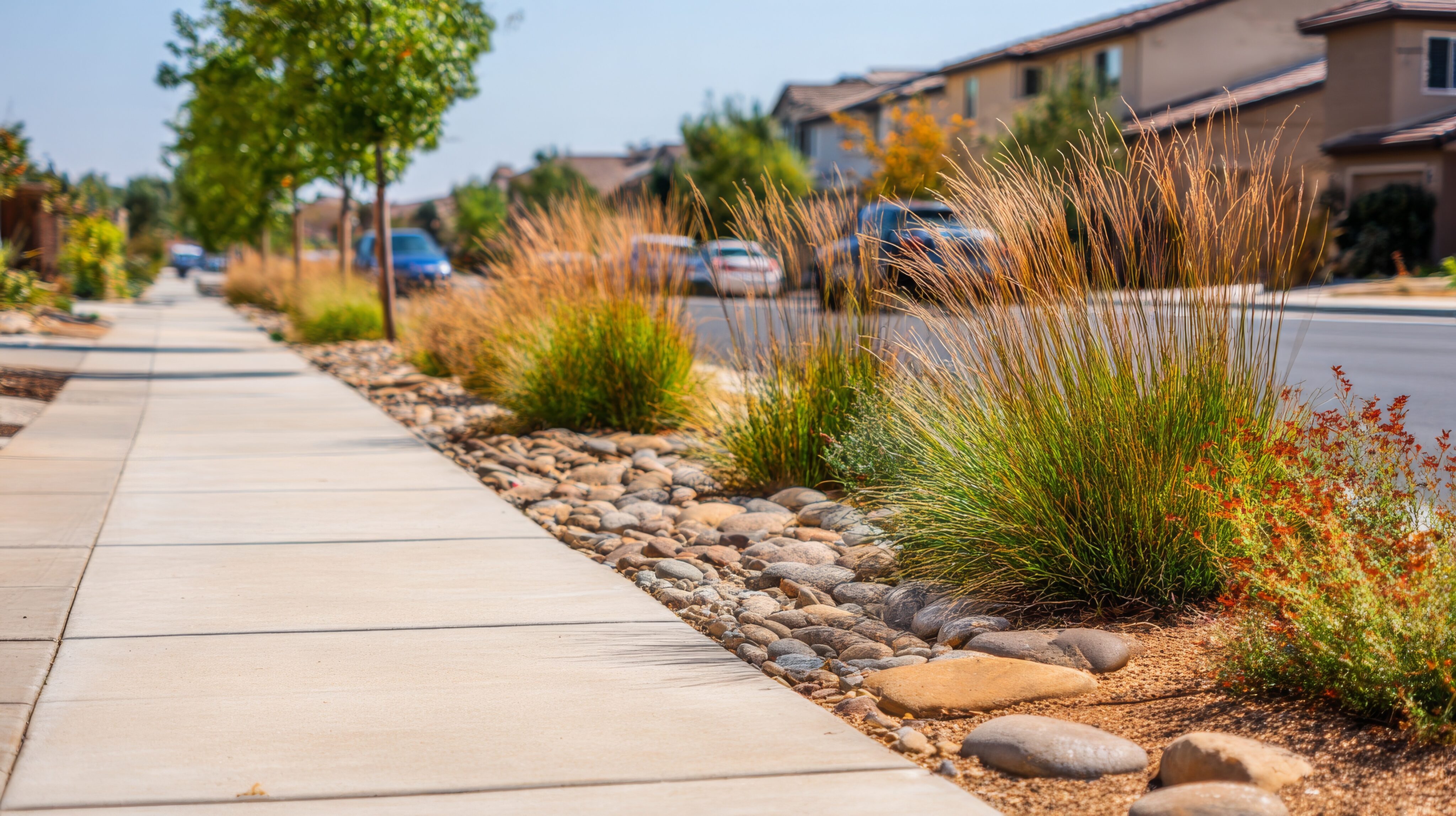 A residential street with a sidewalk bordered by drought-tolerant landscaping, including rocks, grasses, and small plants; houses and parked cars are visible in the background. - Four Seasons Landscaping
