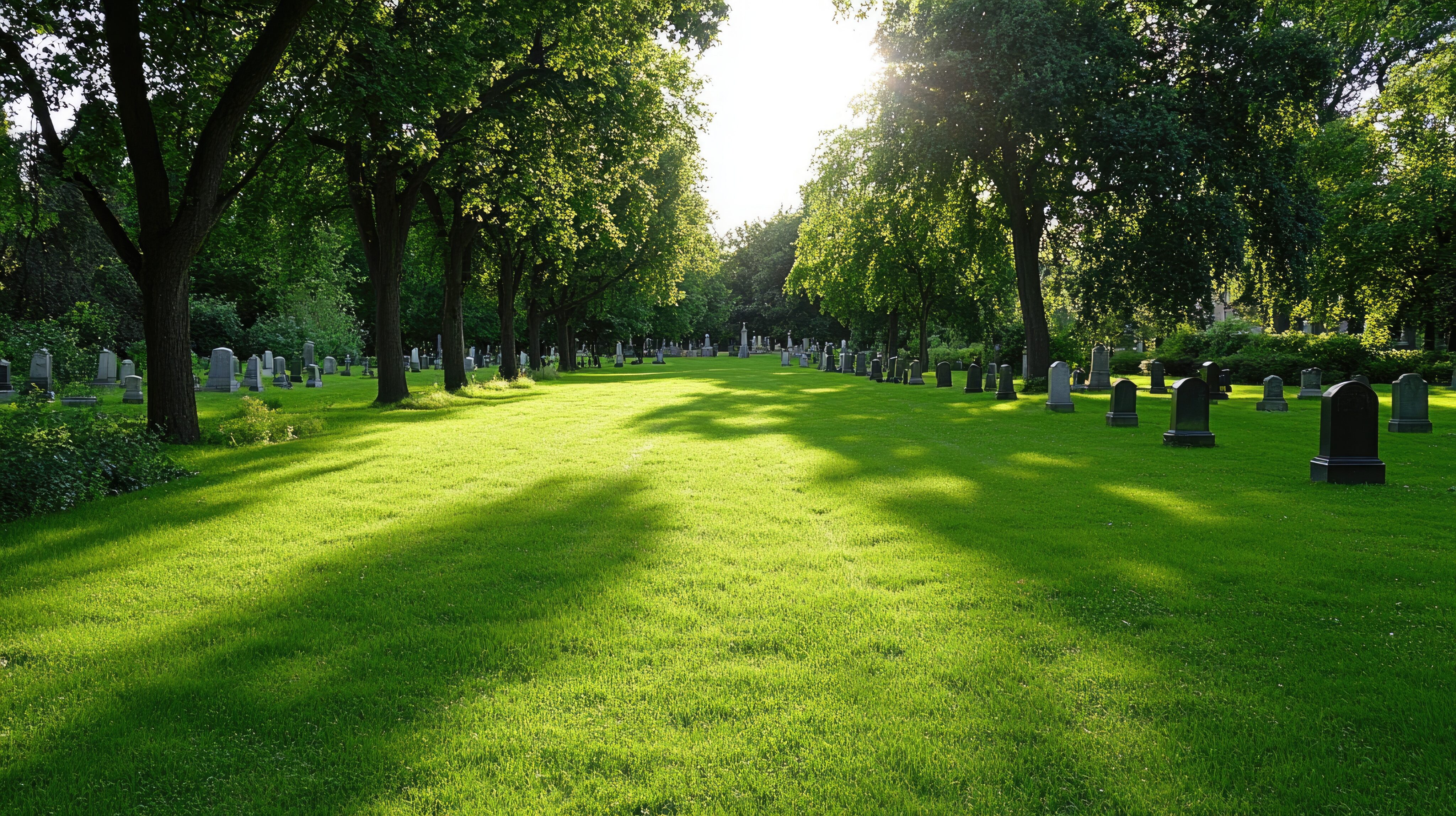 A cemetery with rows of gravestones on both sides of a grassy path, shaded by large trees with sunlight filtering through the leaves. - Four Seasons Landscaping