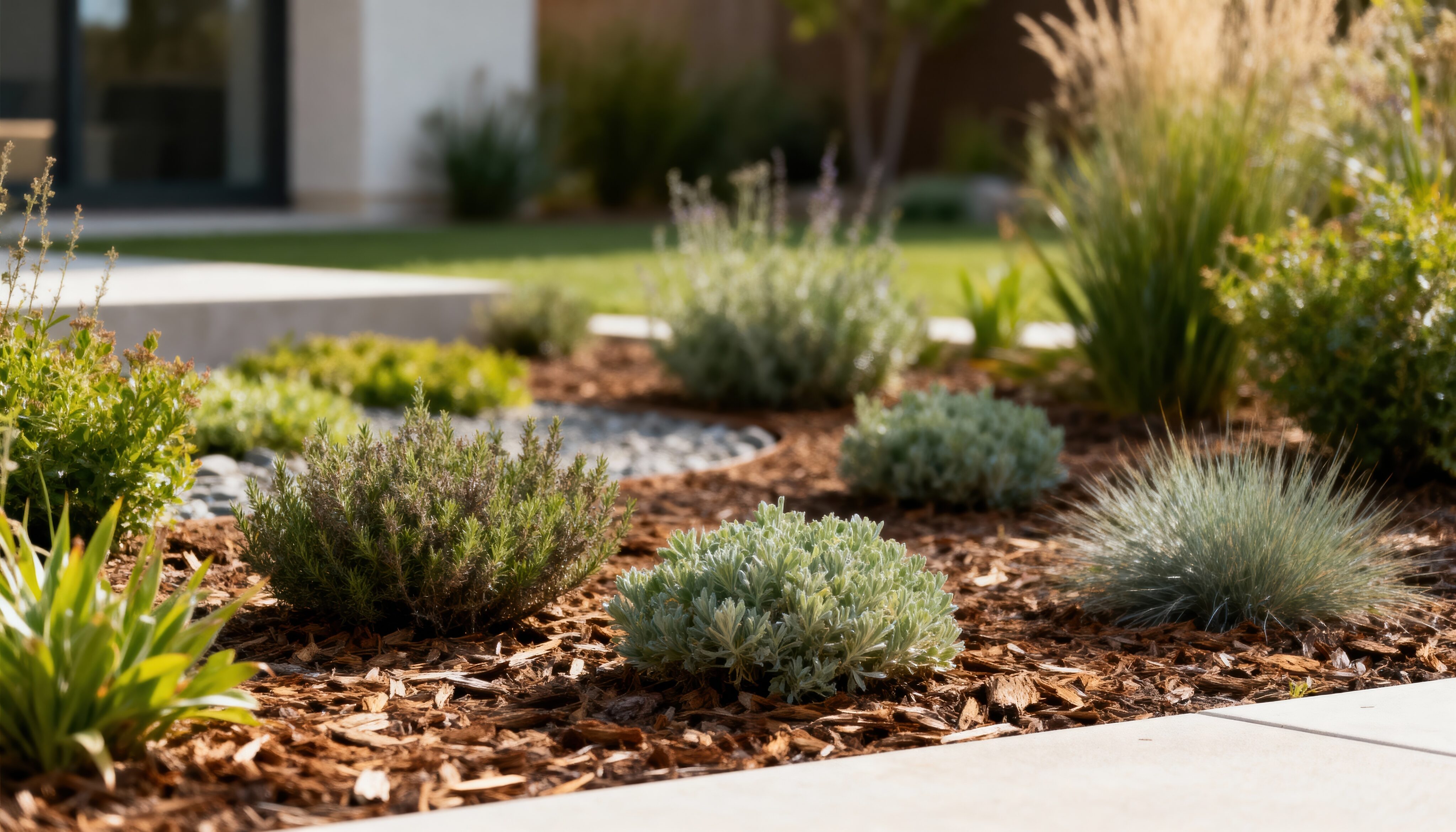 A landscaped garden with drought-tolerant plants and grasses, bordered by mulch and concrete edging, in front of a modern building. - Four Seasons Landscaping