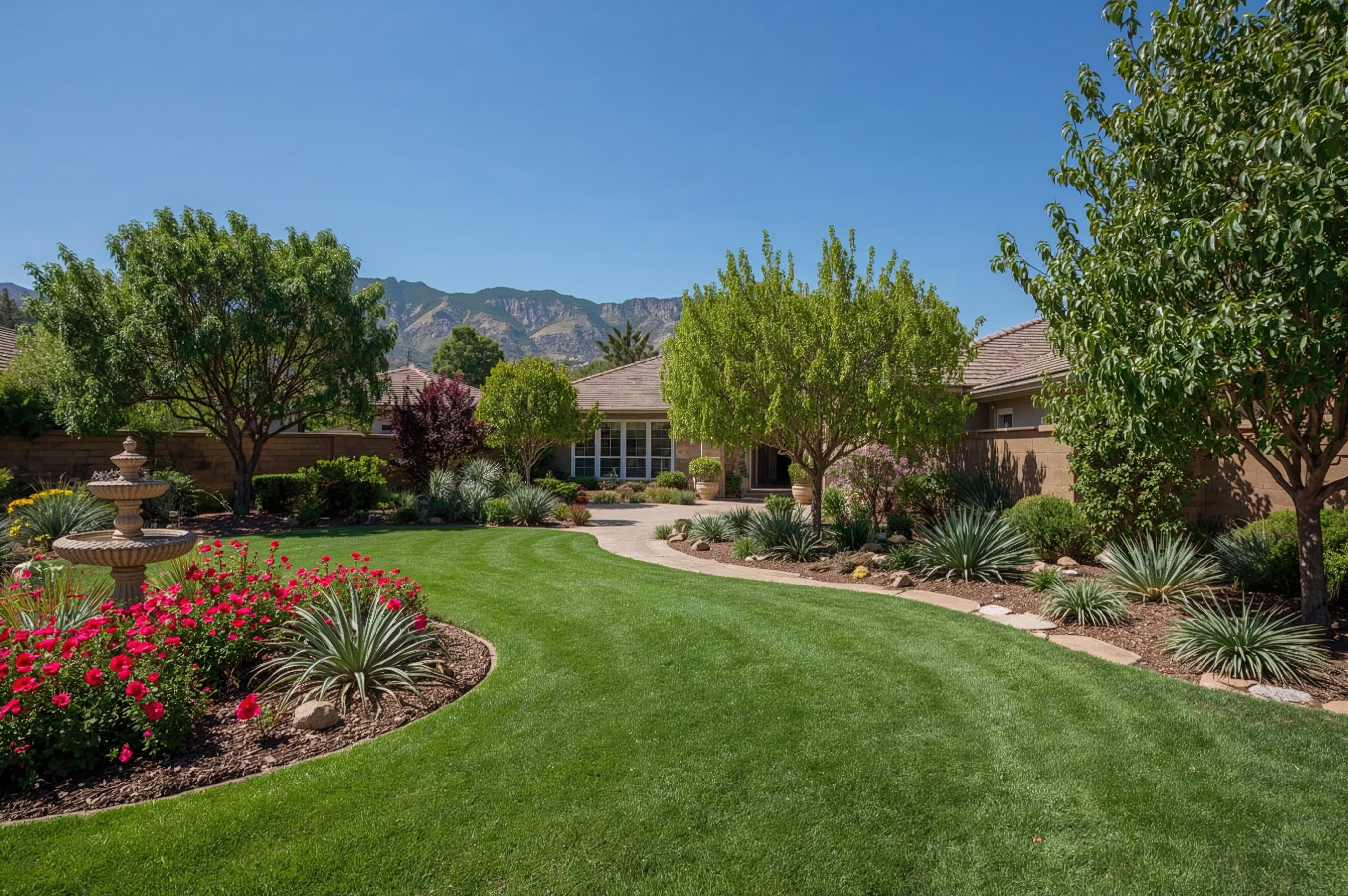 A landscaped backyard with a green lawn, flower beds, various trees, a stone path, and mountains visible in the background under a clear blue sky. - Four Seasons Landscaping
