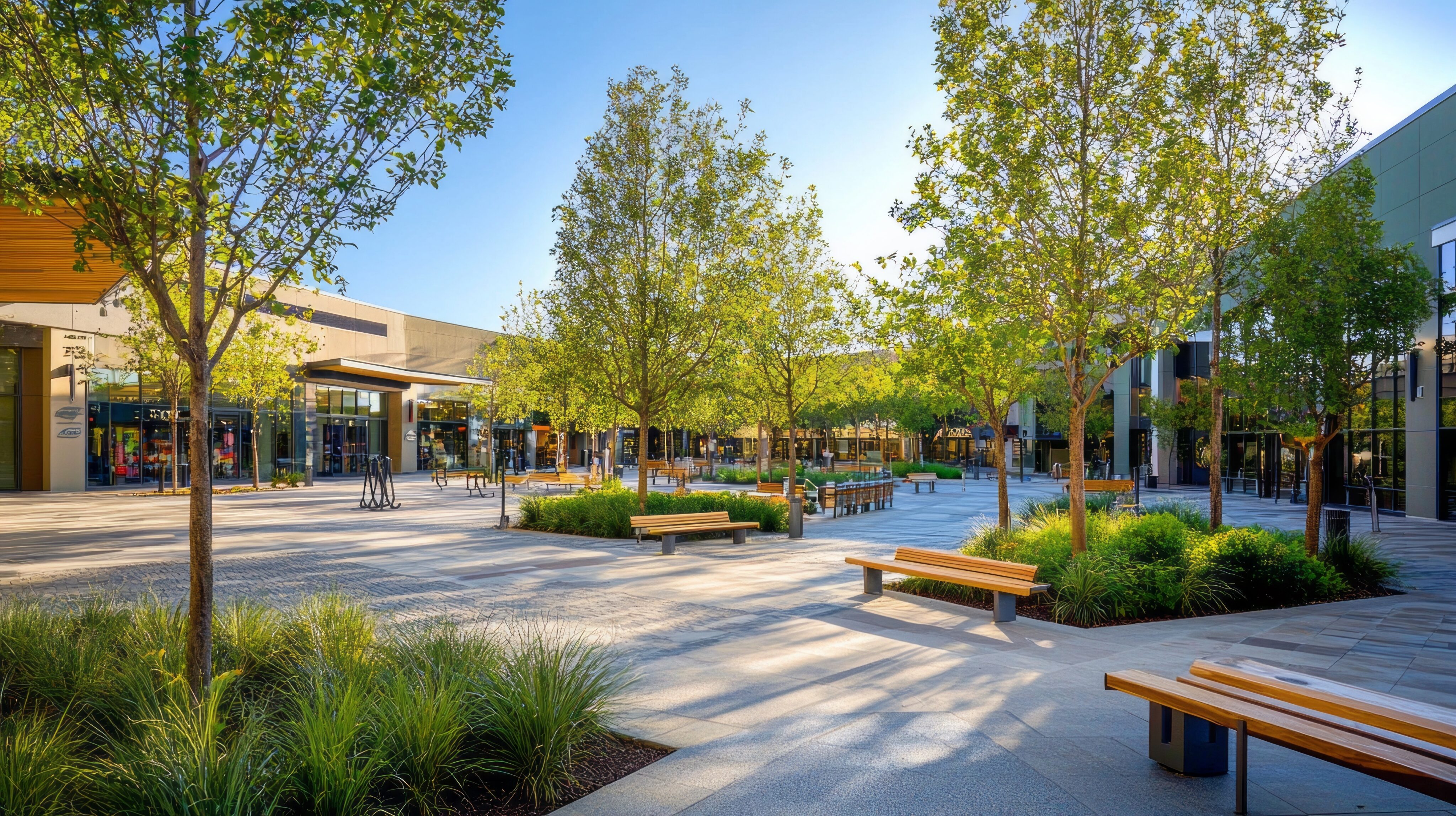 Outdoor shopping center courtyard with trees, wooden benches, landscaped greenery, and storefronts under a clear blue sky. - Four Seasons Landscaping