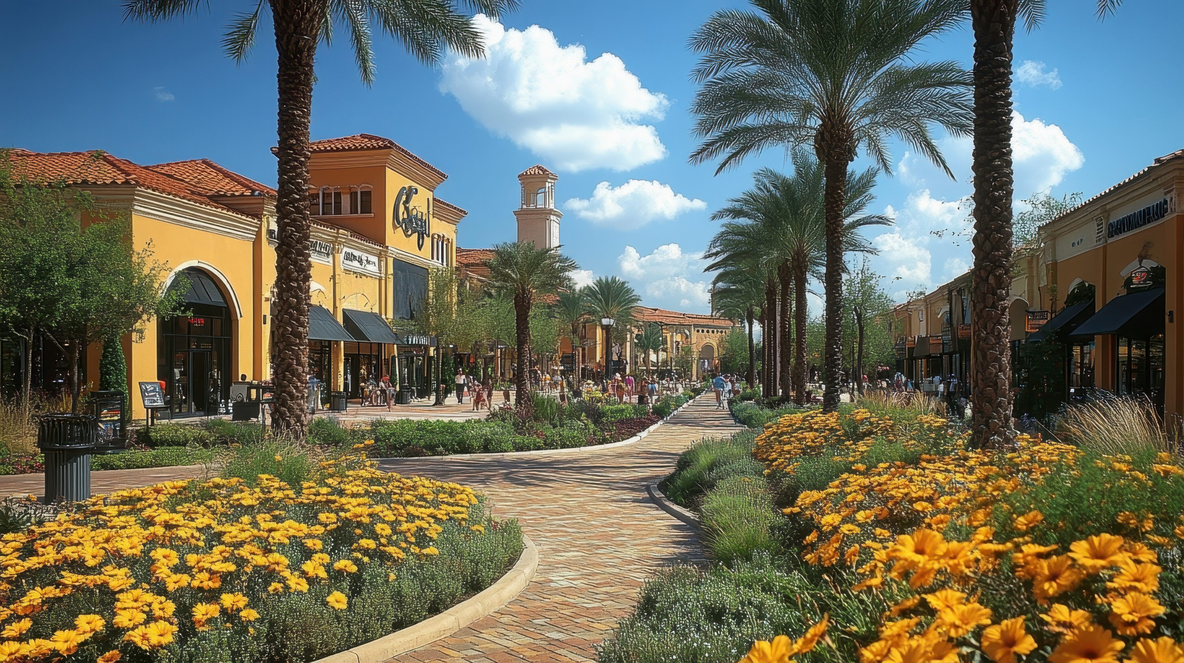 Outdoor shopping center with palm trees, yellow flowers, brick walkway, and stores with people walking and shopping under a blue sky with scattered clouds. - Four Seasons Landscaping